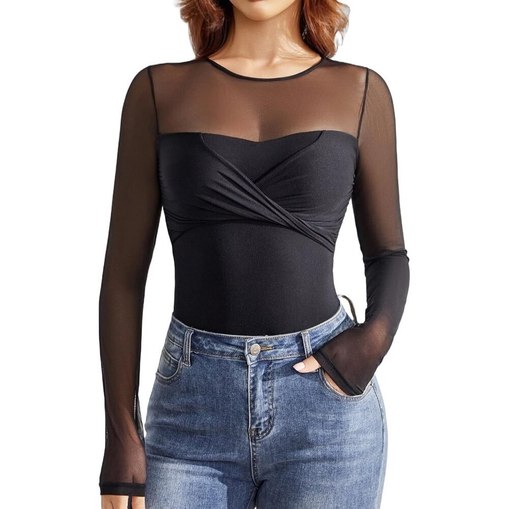 Women's Bodysuits Long Sleeve Black Crew Neck One Piece Sheer Twist Knot Tops